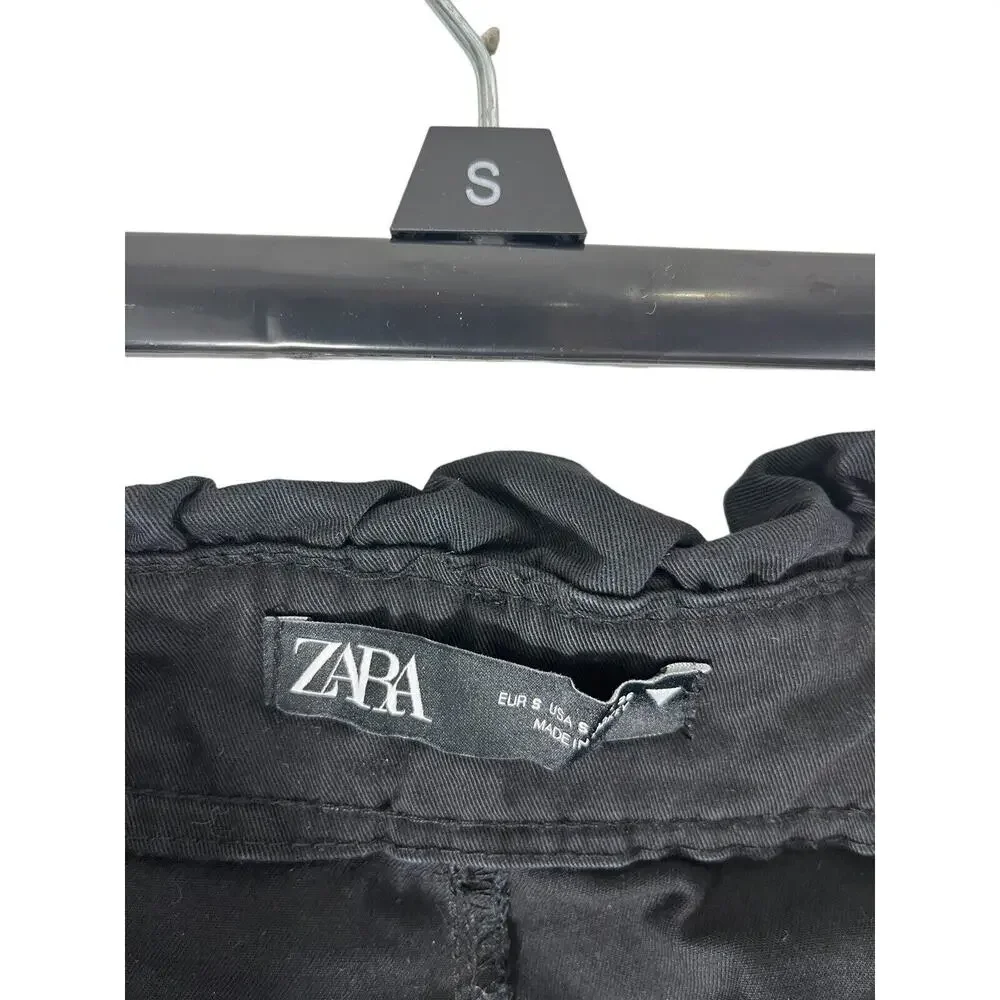 Zara High Waisted Black Pants Paperbag Waist Side Pockets Small Wide Leg